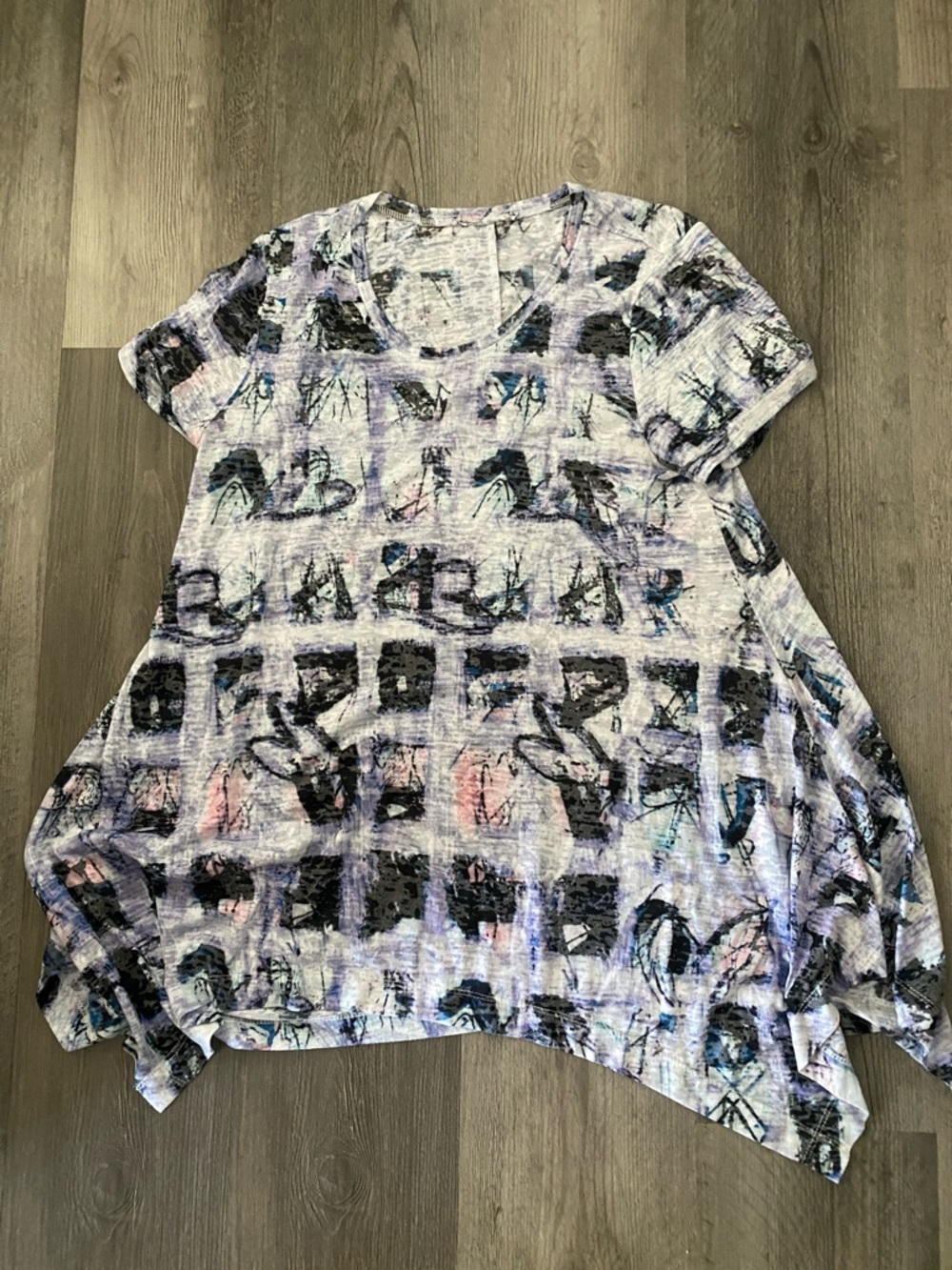 Abstract Print Flowy Short Sleeve Top - Lavender Multi